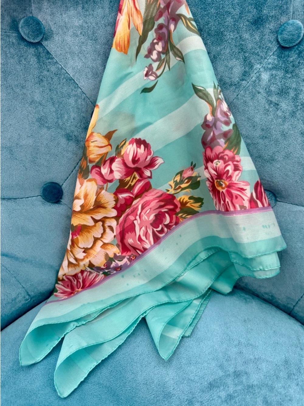 Berkshire Aqua Floral Silk-Feel Scarf with Pink & Yellow Blooms
